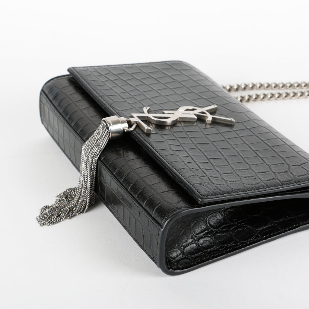 Small Kate Tassel, Black Croc Embossed