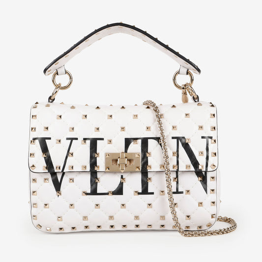 Medium Rockstud Spike Shoulder Bag, White Nappa