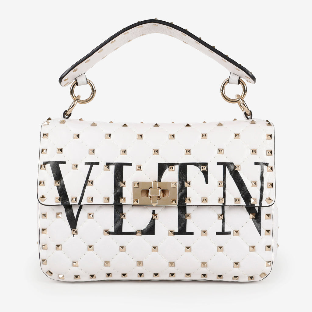 Medium Rockstud Spike Shoulder Bag, White Nappa