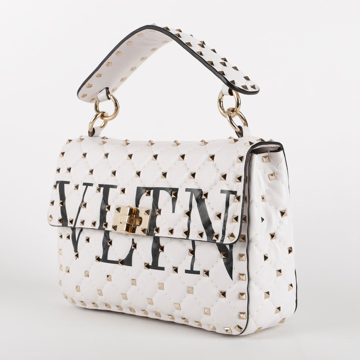 Medium Rockstud Spike Shoulder Bag, White Nappa