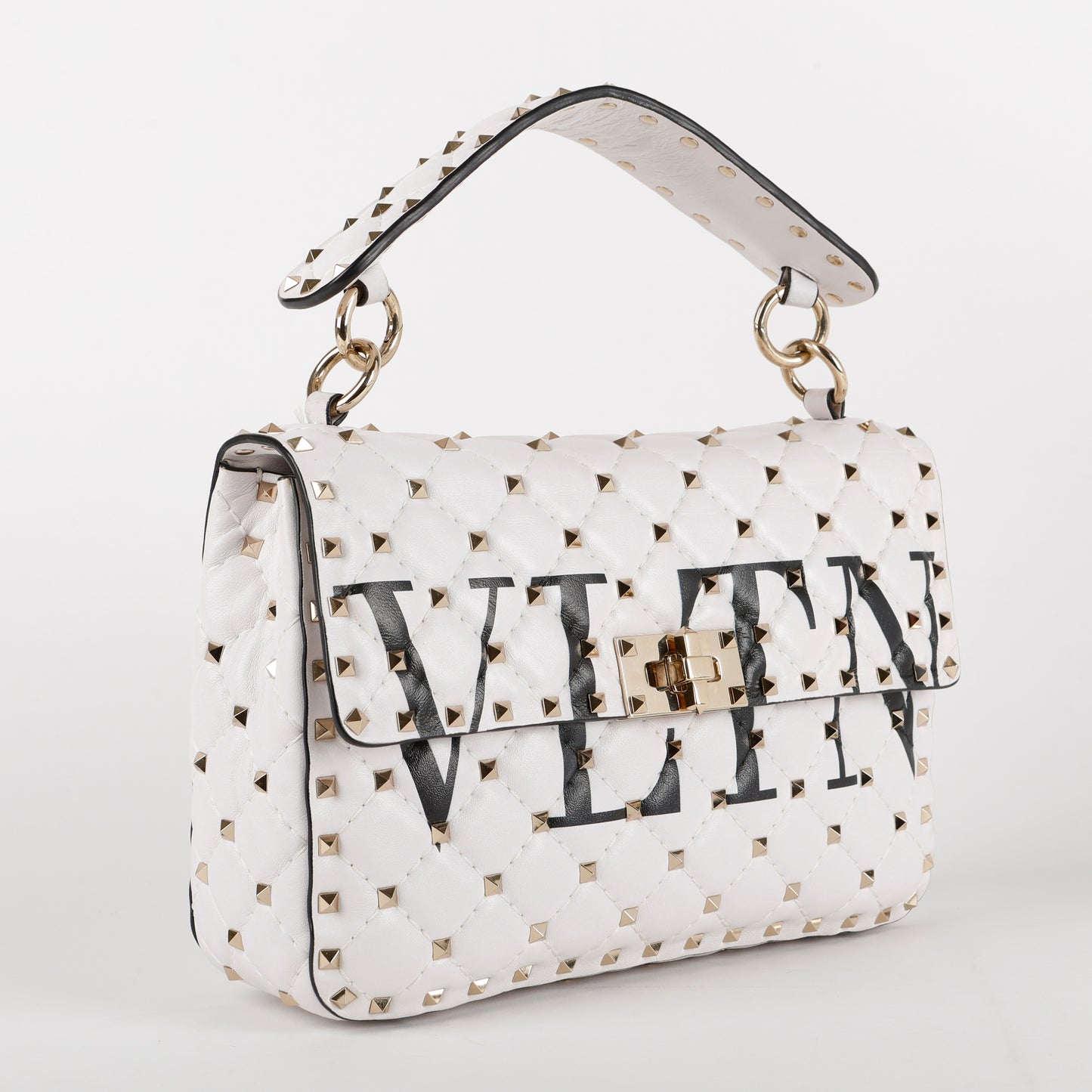 Medium Rockstud Spike Shoulder Bag, White Nappa