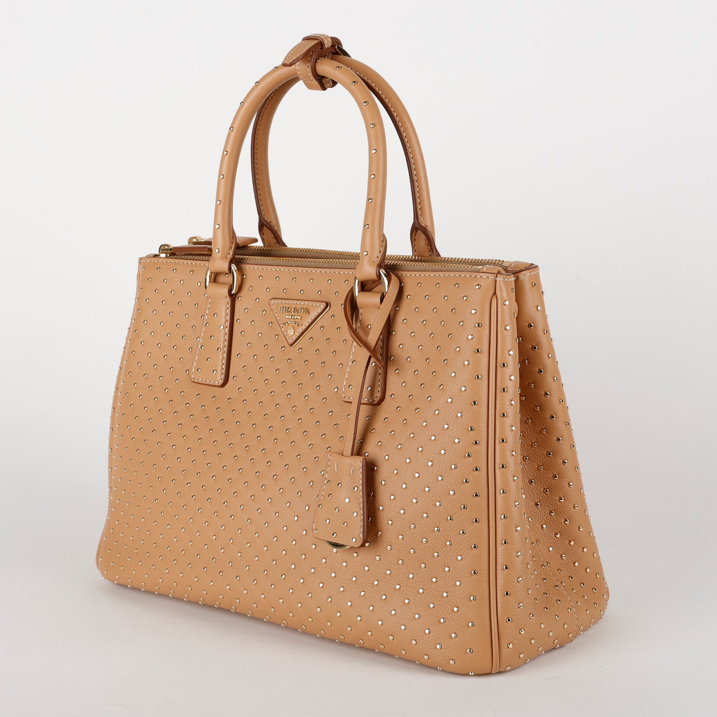 Large Studded Galleria Double Zip Tote, Natural Calfskin (w/o strap)