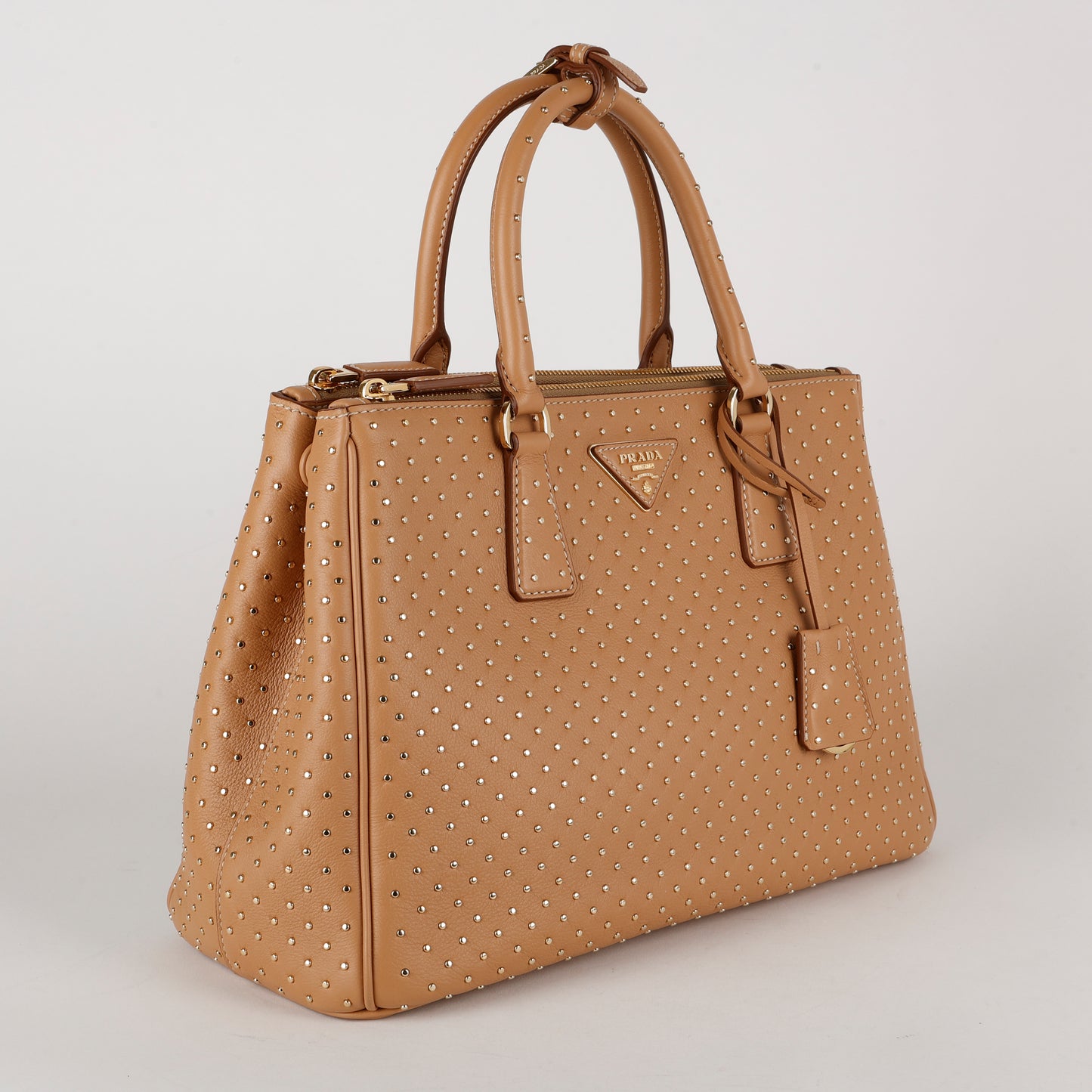 Large Studded Galleria Double Zip Tote, Natural Calfskin (w/o strap)
