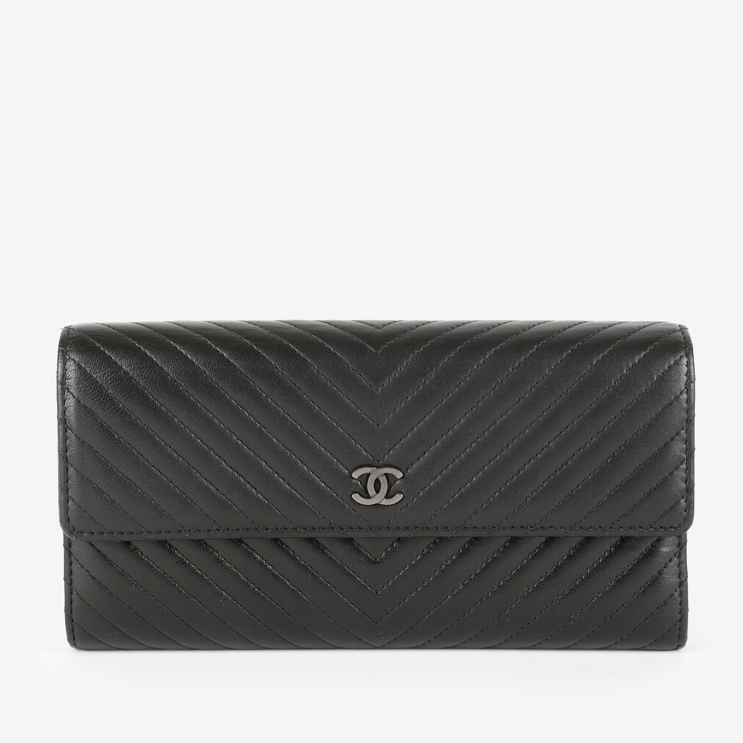 Chevron Stitch Long Wallet, Black Lambskin