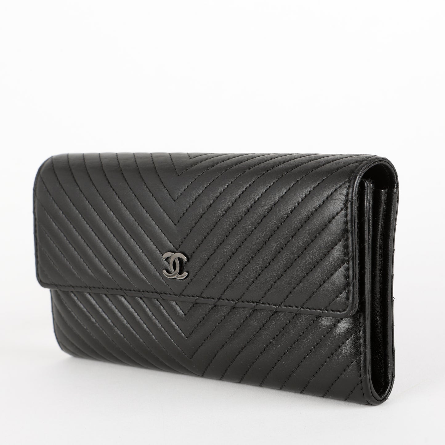 Chevron Stitch Long Wallet, Black Lambskin