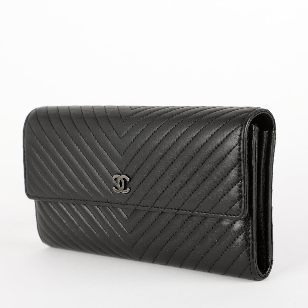 Chevron Stitch Long Wallet, Black Lambskin
