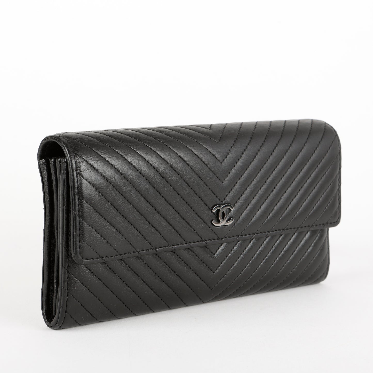 Chevron Stitch Long Wallet, Black Lambskin