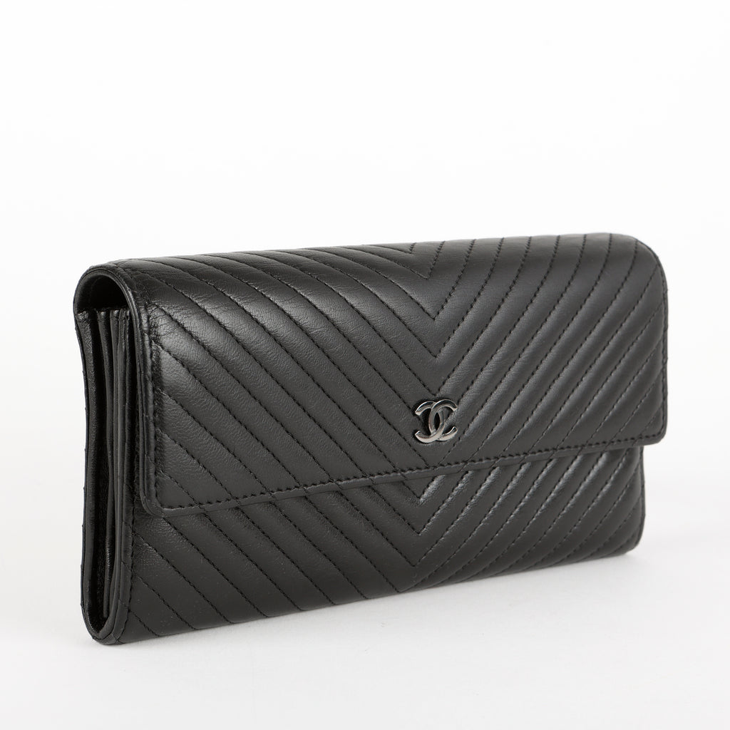 Chevron Stitch Long Wallet, Black Lambskin