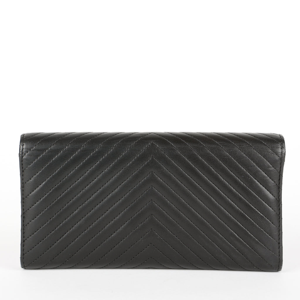 Chevron Stitch Long Wallet, Black Lambskin