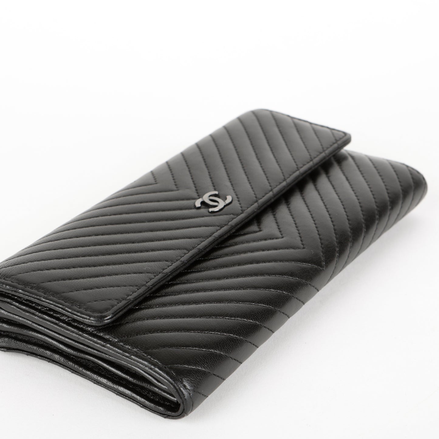 Chevron Stitch Long Wallet, Black Lambskin