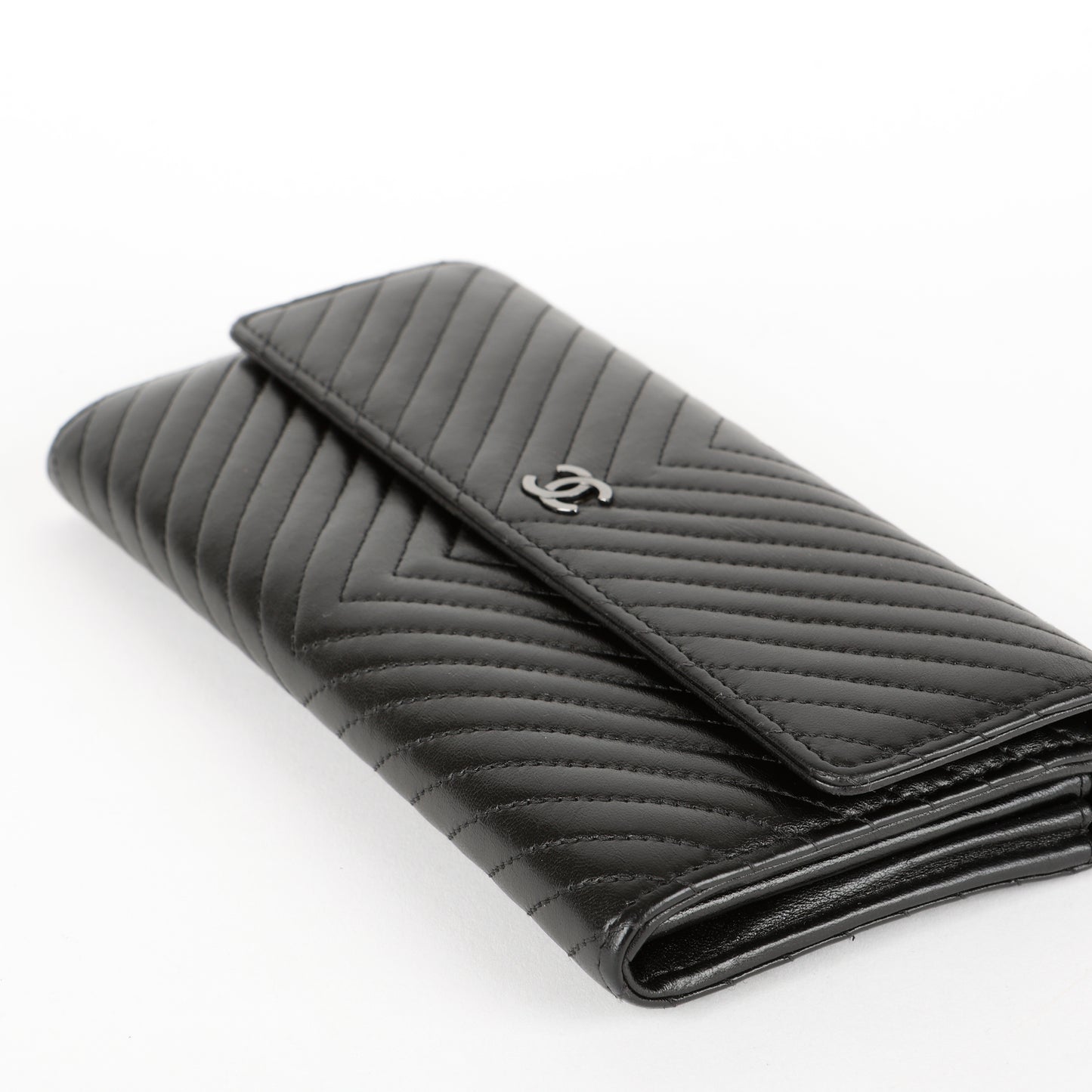 Chevron Stitch Long Wallet, Black Lambskin