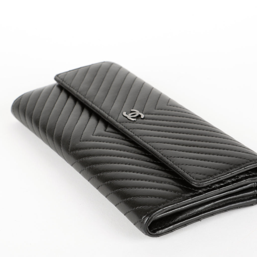 Chevron Stitch Long Wallet, Black Lambskin