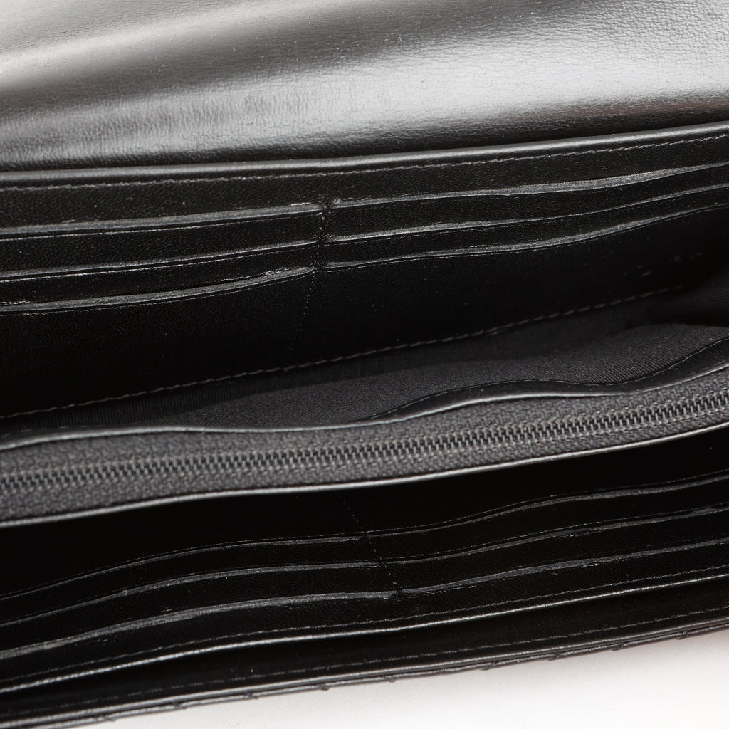 Chevron Stitch Long Wallet, Black Lambskin