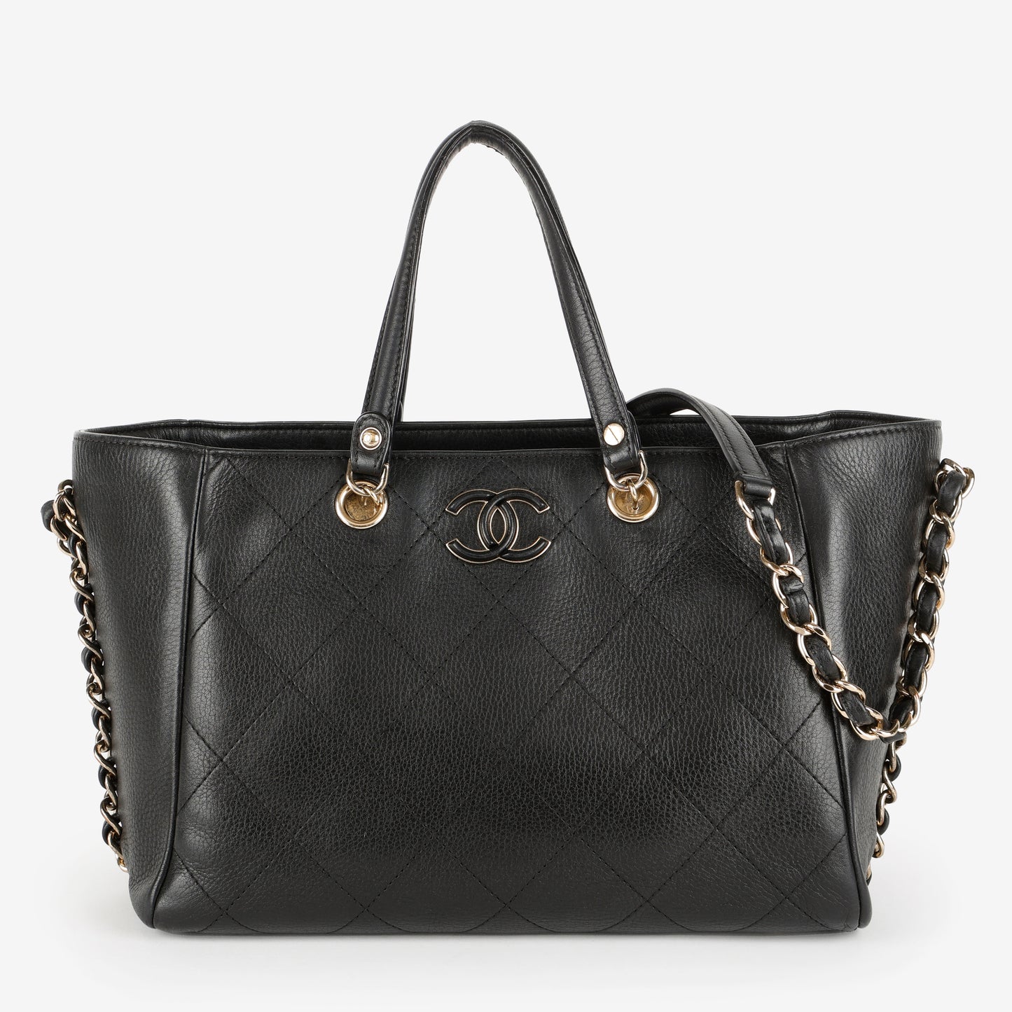 Small Quilted Shopping Tote, Black Bull Skin