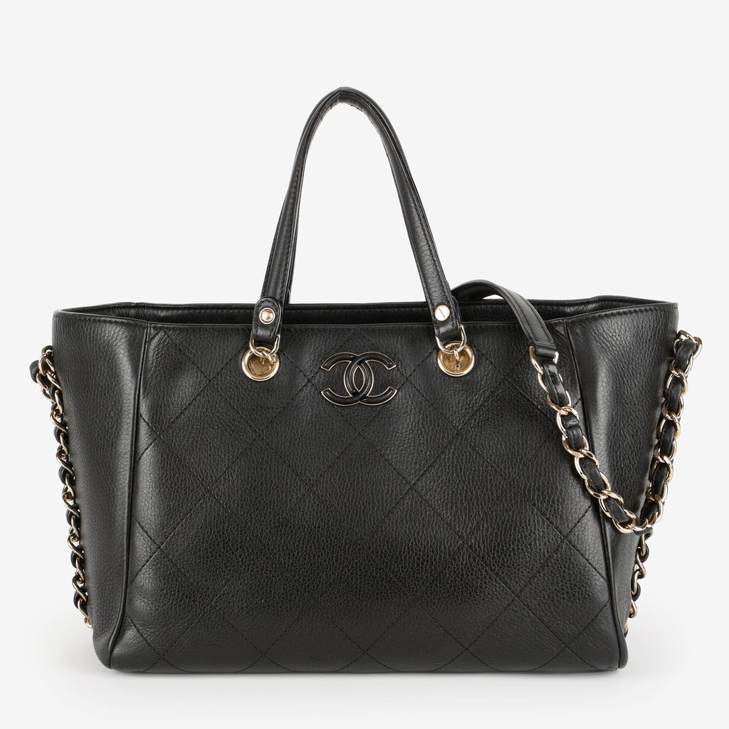 Small Quilted Shopping Tote, Black Bull Skin