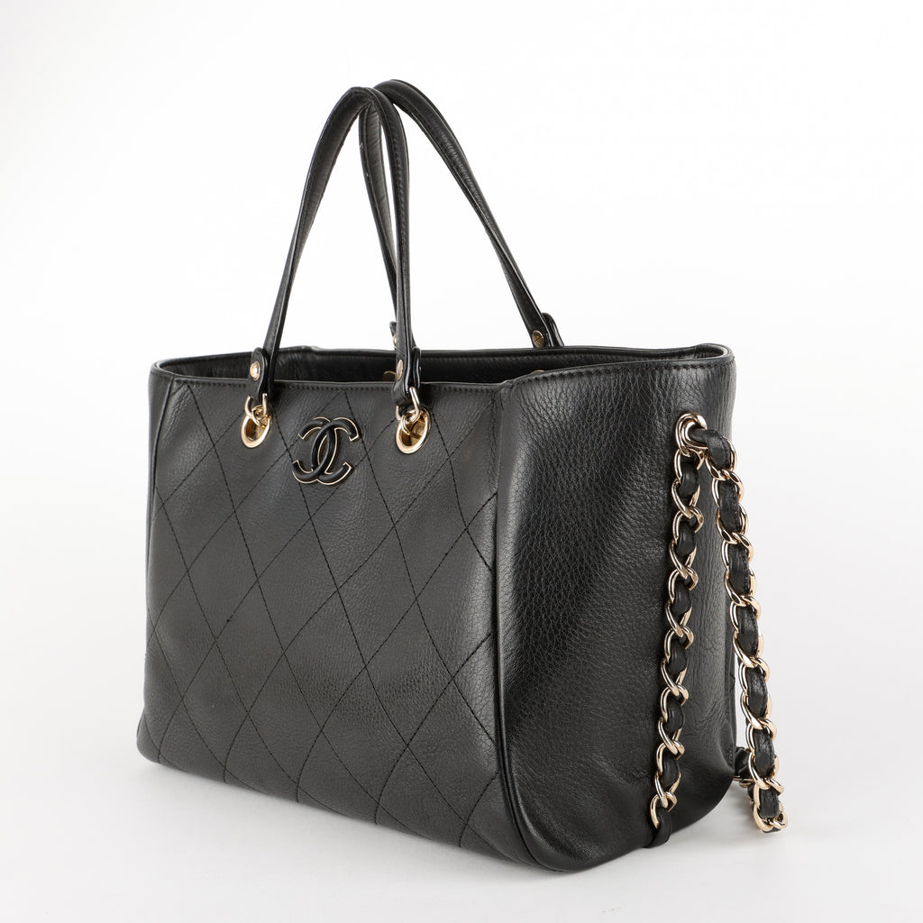 Small Quilted Shopping Tote, Black Bull Skin