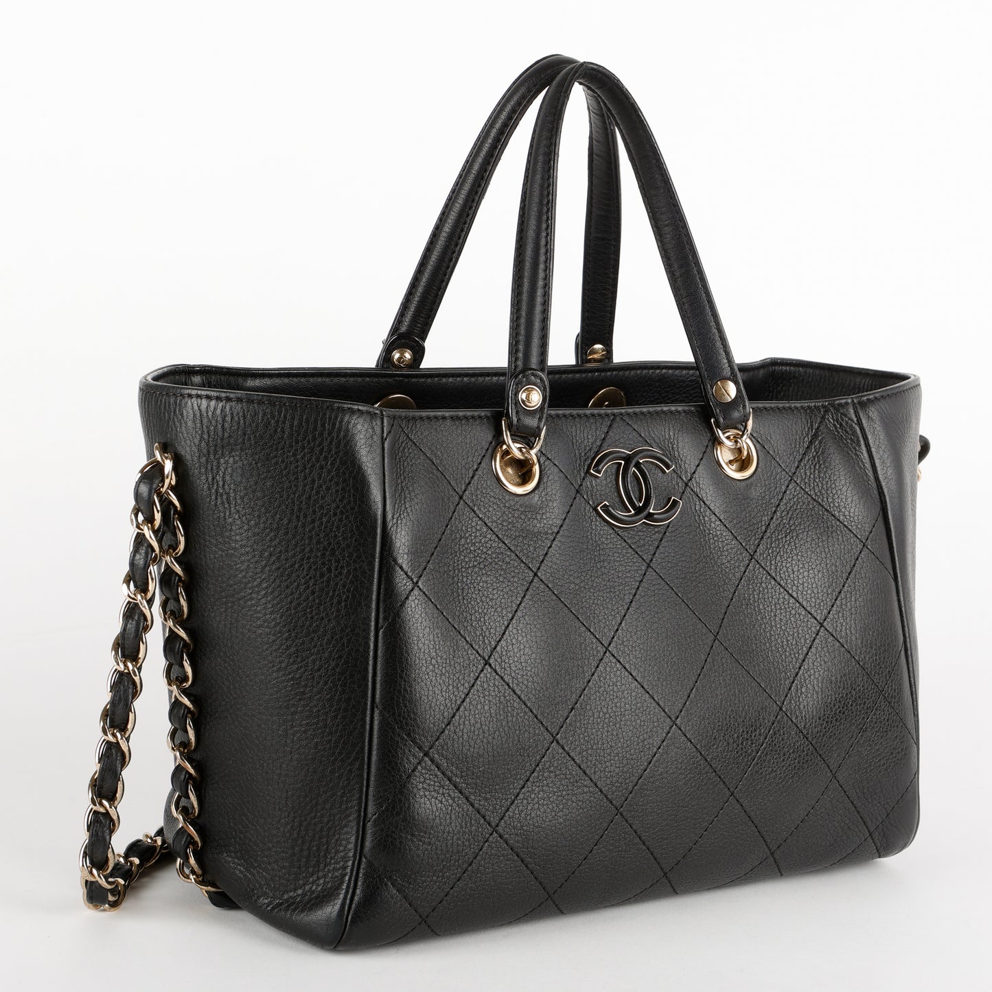 Small Quilted Shopping Tote, Black Bull Skin