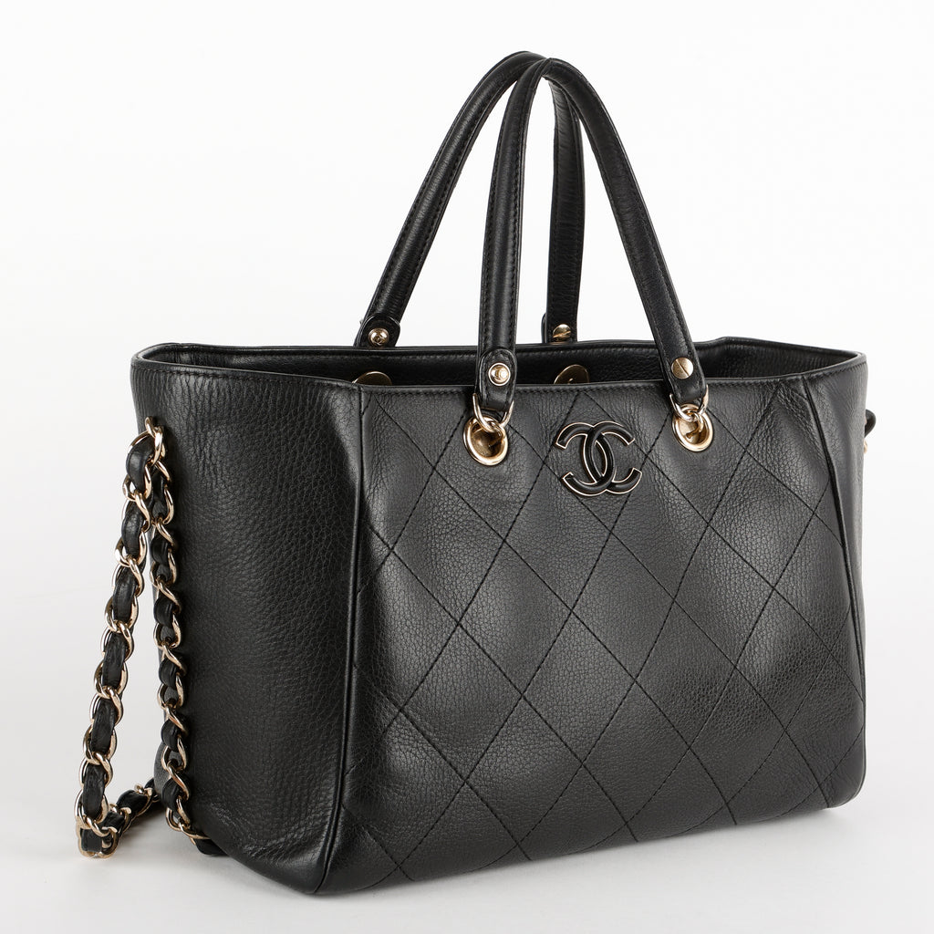 Small Quilted Shopping Tote, Black Bull Skin