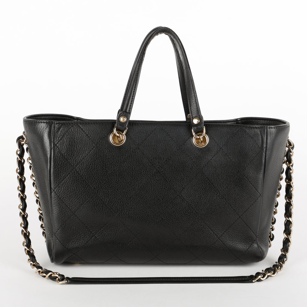 Small Quilted Shopping Tote, Black Bull Skin