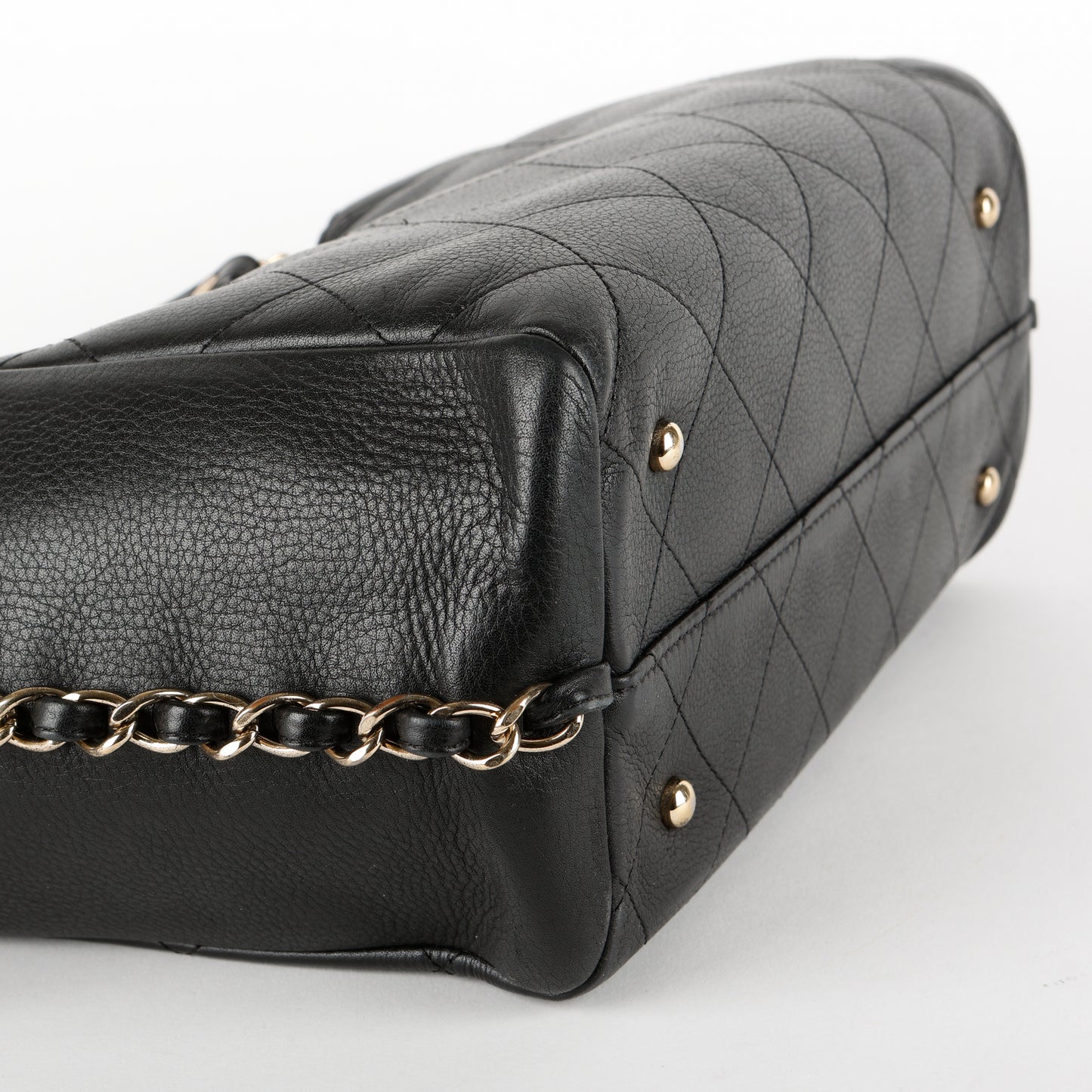 Small Quilted Shopping Tote, Black Bull Skin
