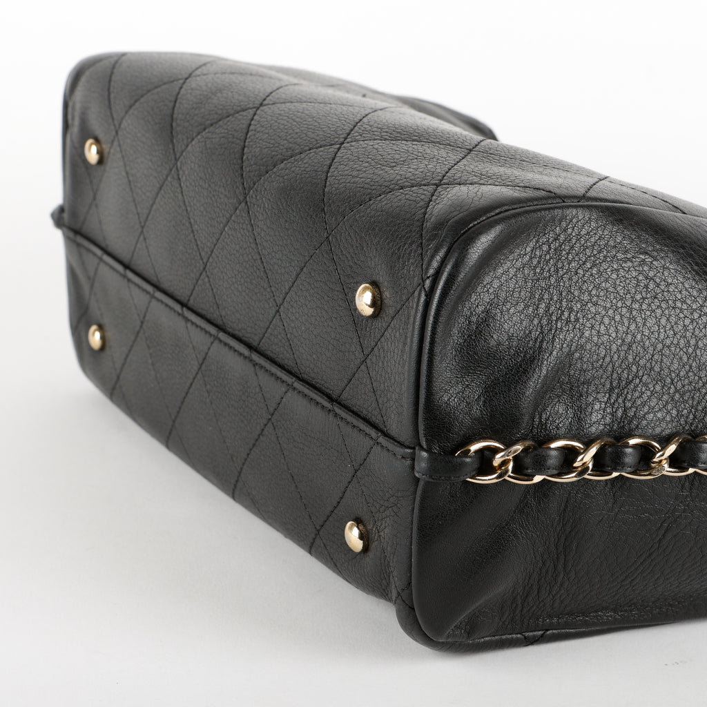 Small Quilted Shopping Tote, Black Bull Skin