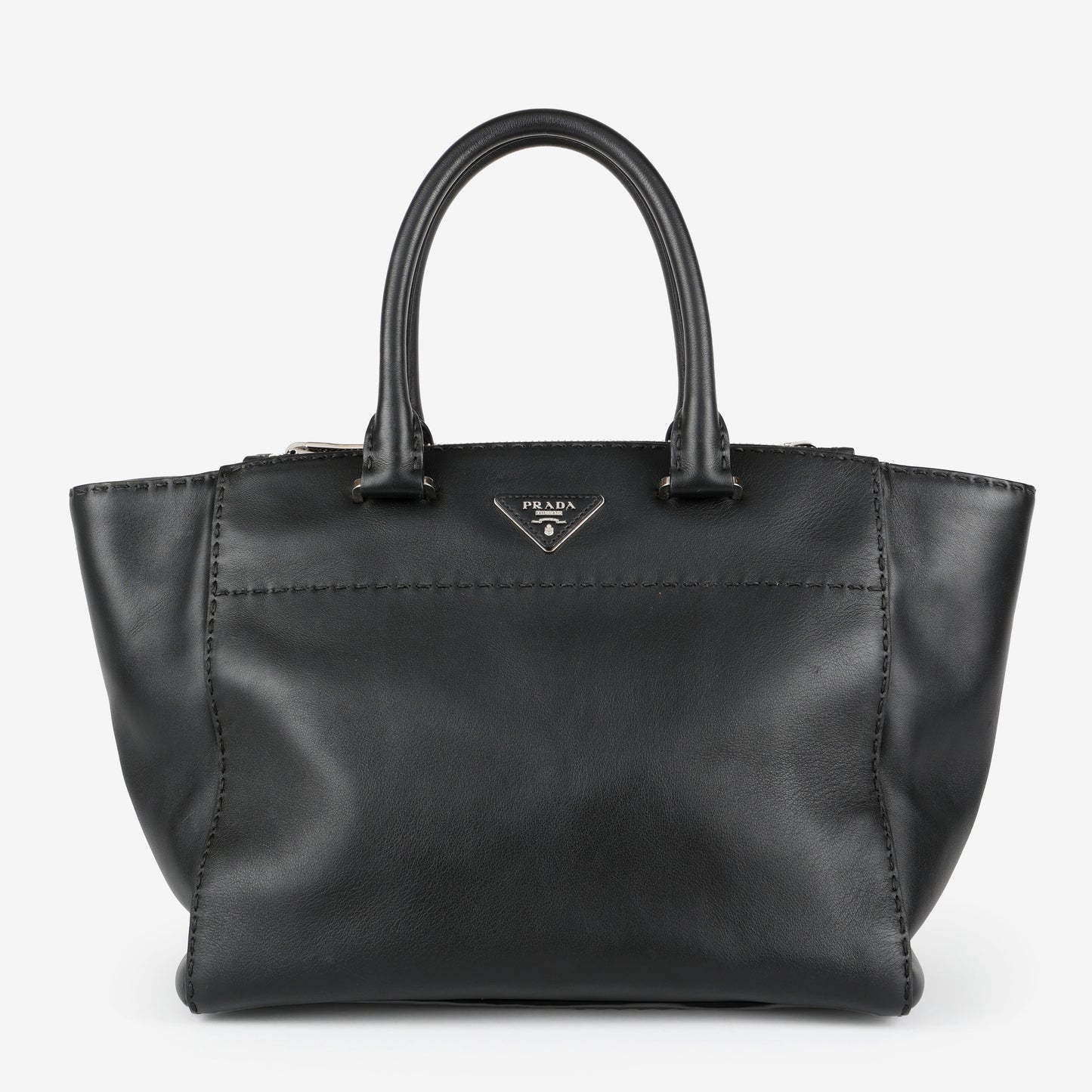 Medium Stitched City Tote, Black Calfskin