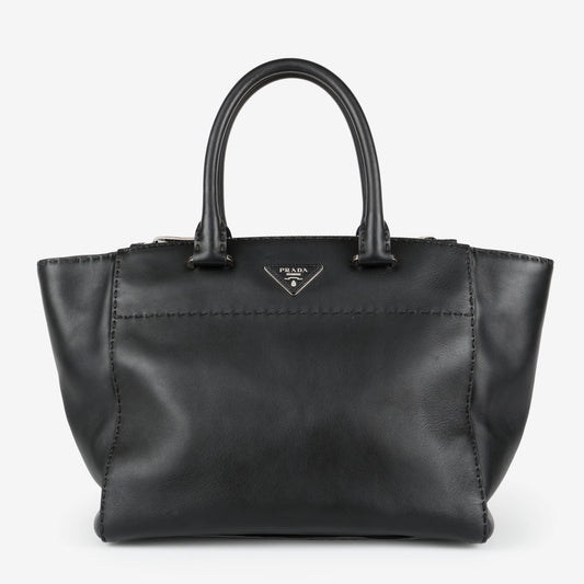 Medium Stitched City Tote, Black Calfskin