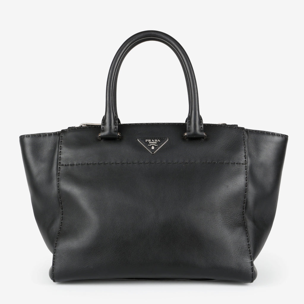 Medium Stitched City Tote, Black Calfskin