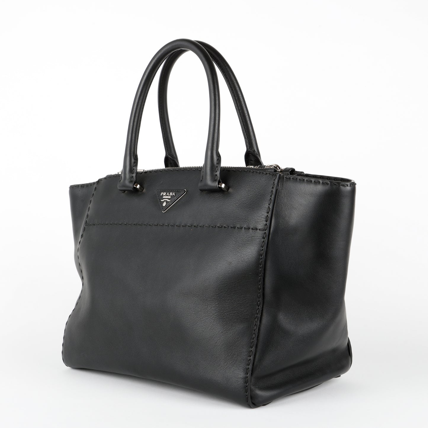 Medium Stitched City Tote, Black Calfskin
