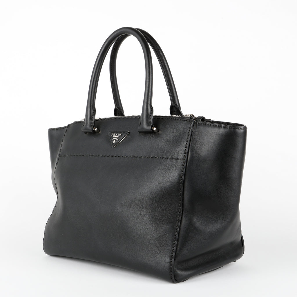 Medium Stitched City Tote, Black Calfskin