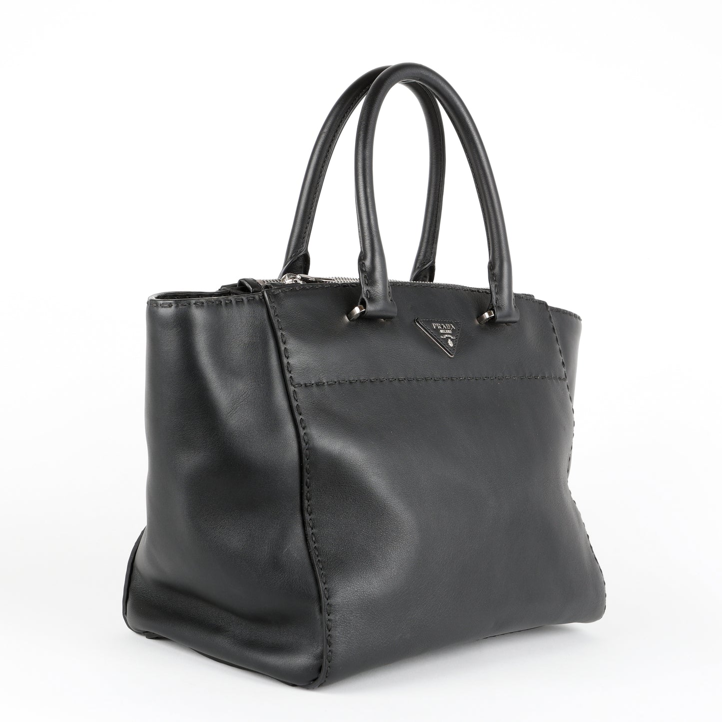 Medium Stitched City Tote, Black Calfskin