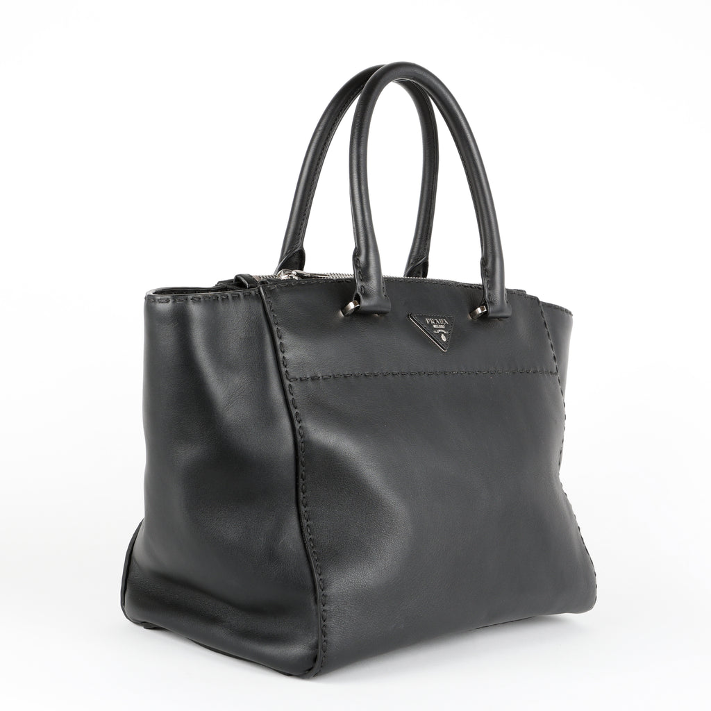 Medium Stitched City Tote, Black Calfskin