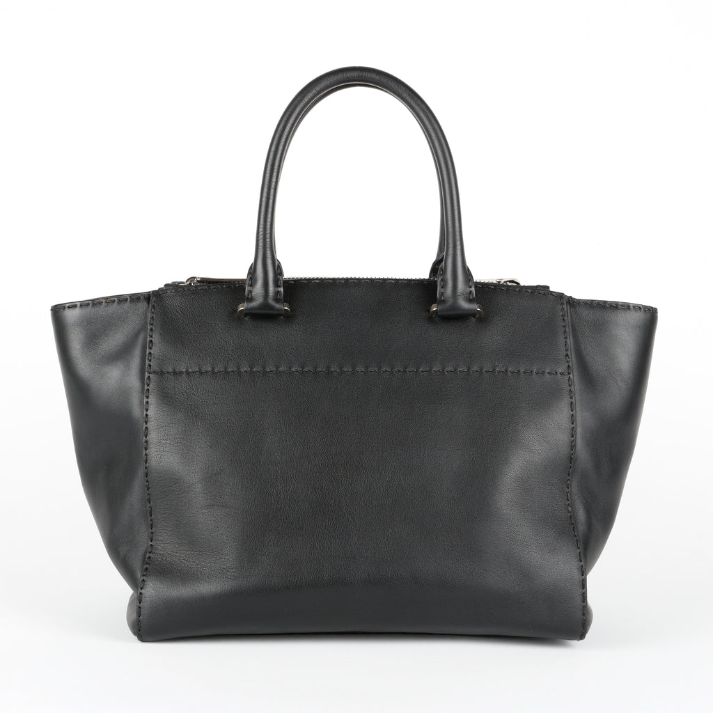 Medium Stitched City Tote, Black Calfskin