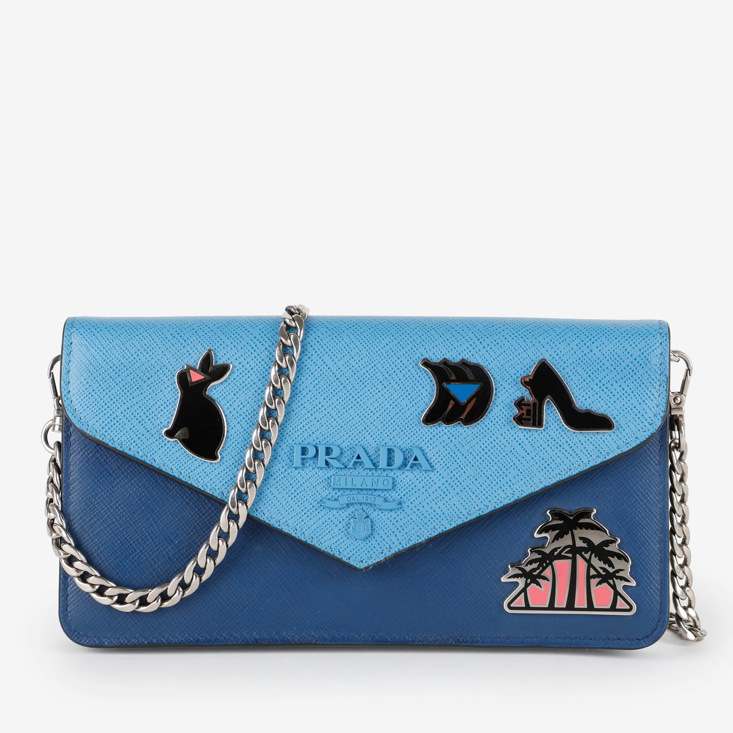 Enamel Pin Wallet on Chain, Blue Saffiano