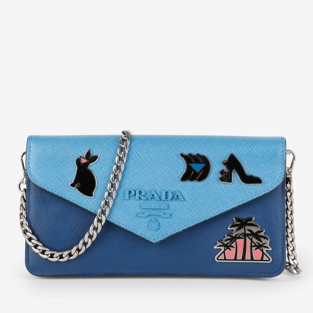 Enamel Pin Wallet on Chain, Blue Saffiano