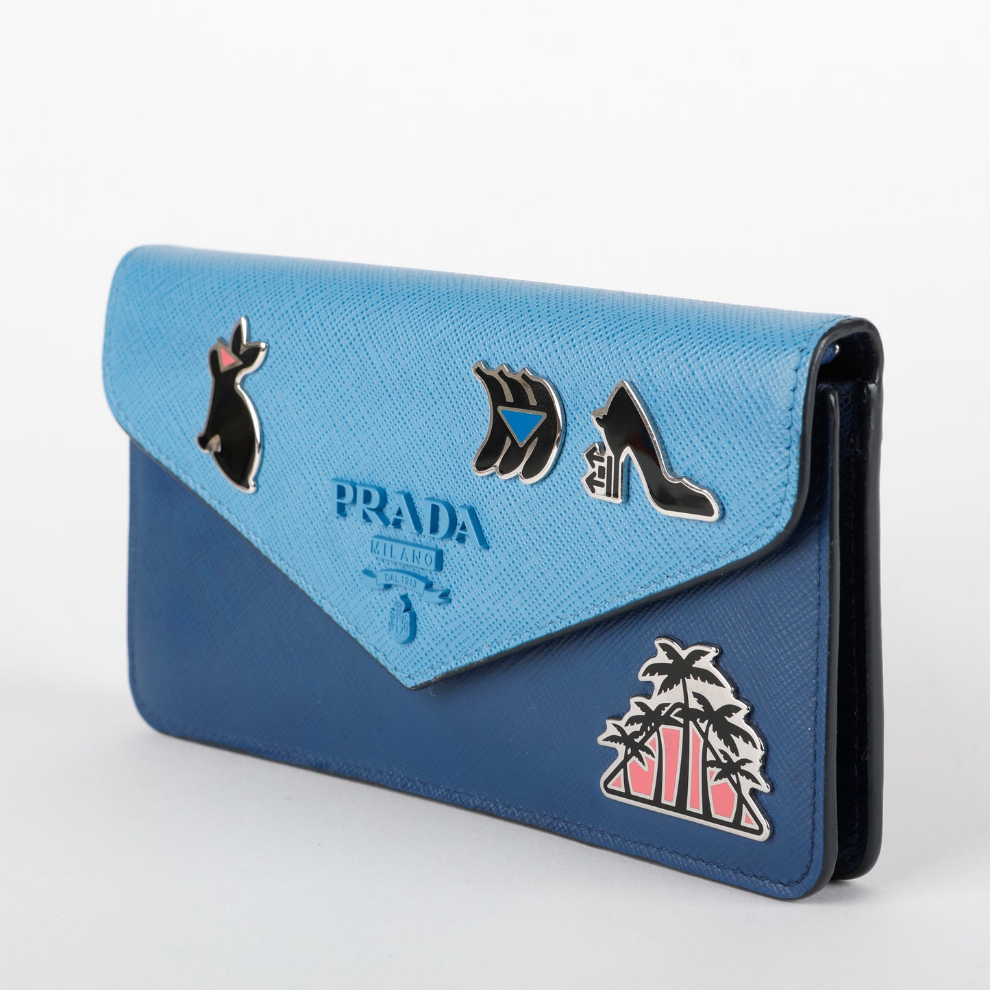 Enamel Pin Wallet on Chain, Blue Saffiano