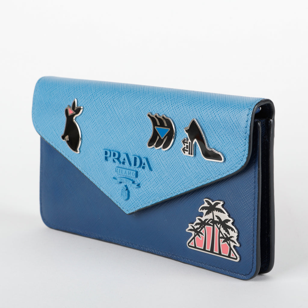 Enamel Pin Wallet on Chain, Blue Saffiano
