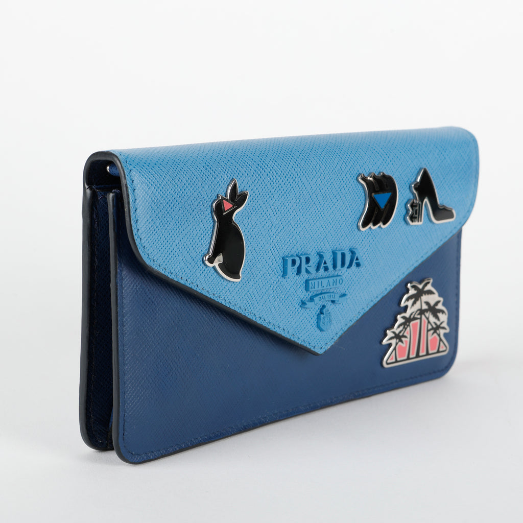 Enamel Pin Wallet on Chain, Blue Saffiano