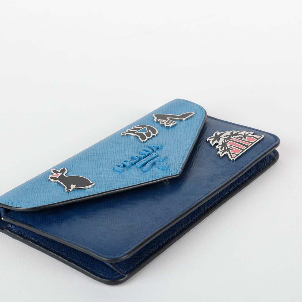 Enamel Pin Wallet on Chain, Blue Saffiano