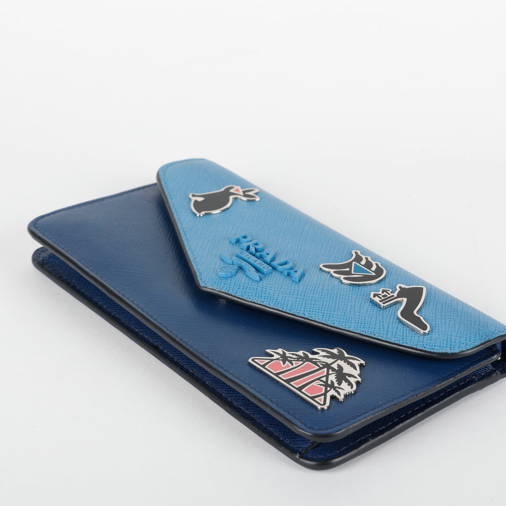 Enamel Pin Wallet on Chain, Blue Saffiano