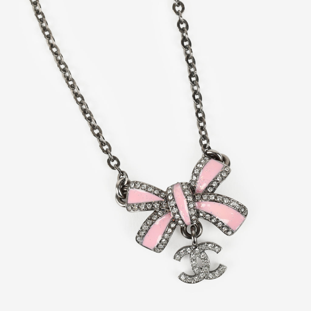 Silver CC Logo Pink Bow Necklace