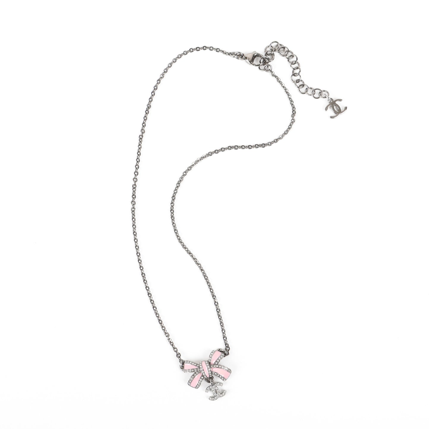 Silver CC Logo Pink Bow Necklace