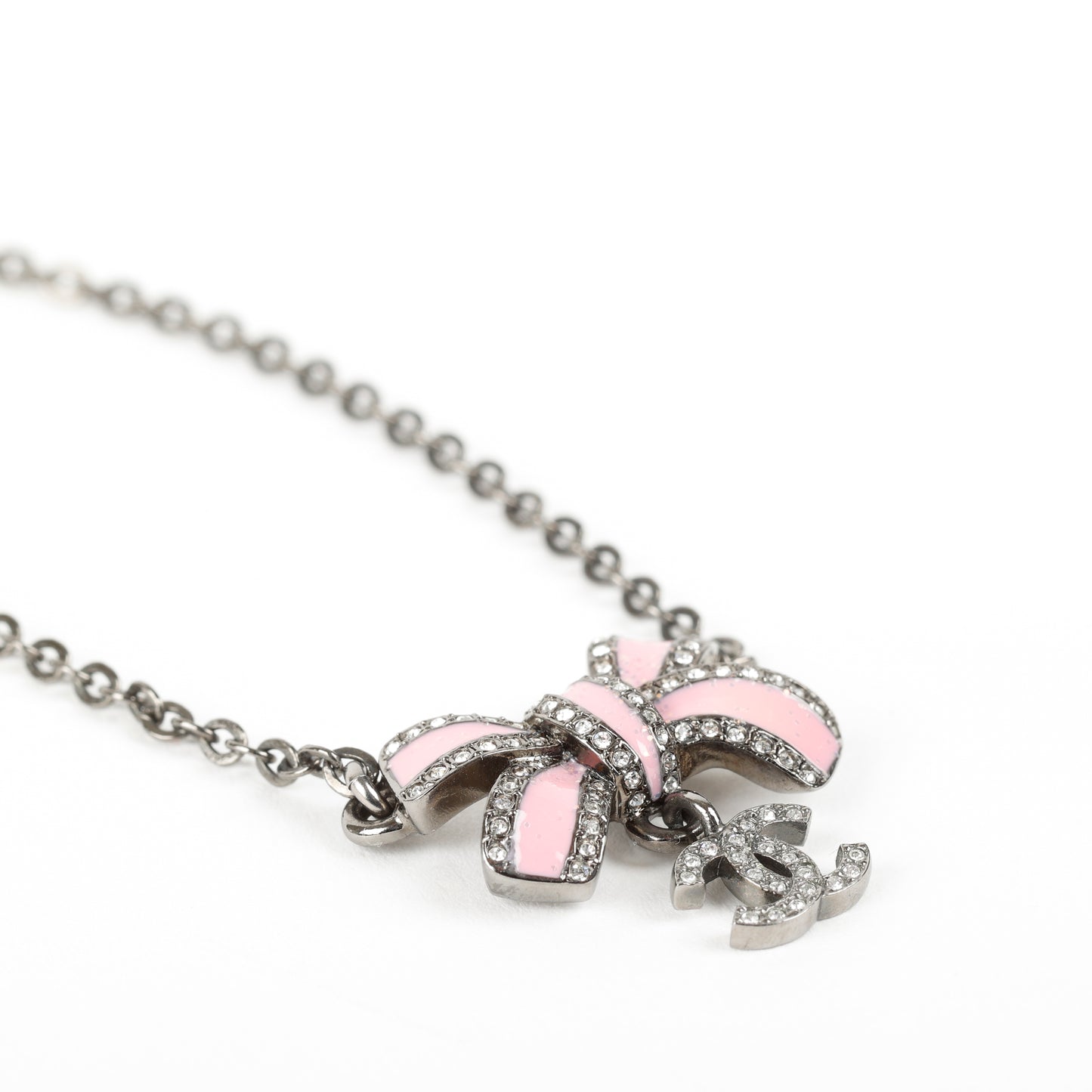 Silver CC Logo Pink Bow Necklace