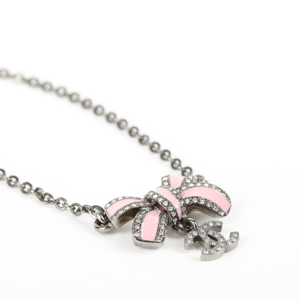 Silver CC Logo Pink Bow Necklace