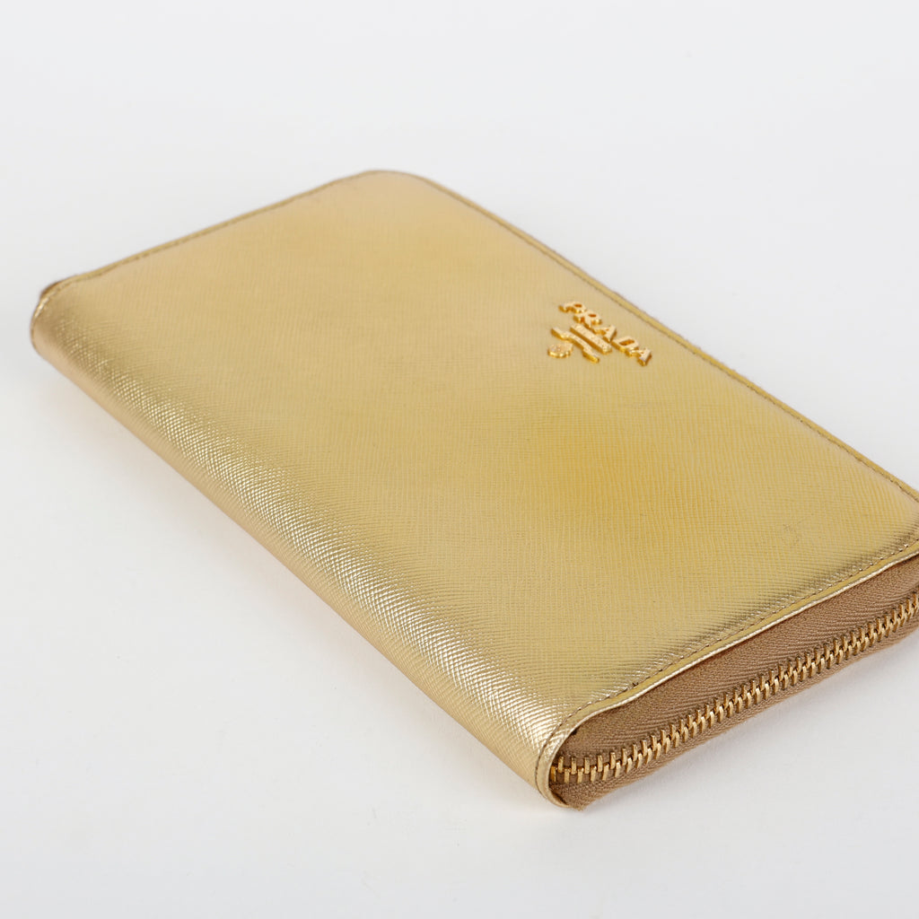 Zip Around Wallet, Gold Saffiano