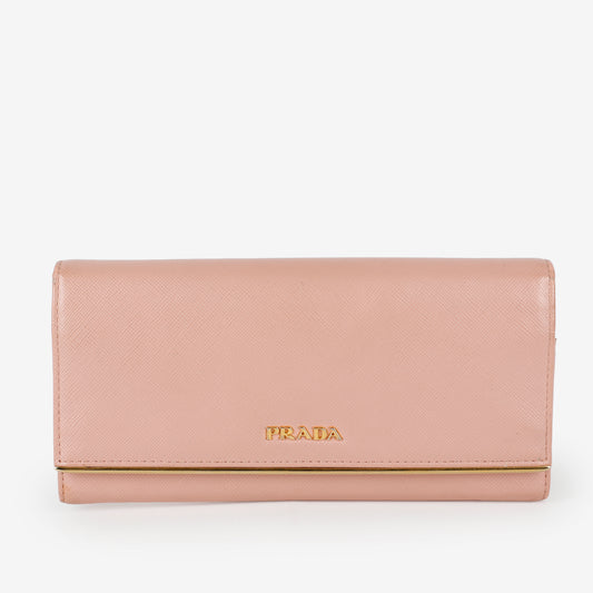 Metal Bar Continental Wallet, Pink Saffiano