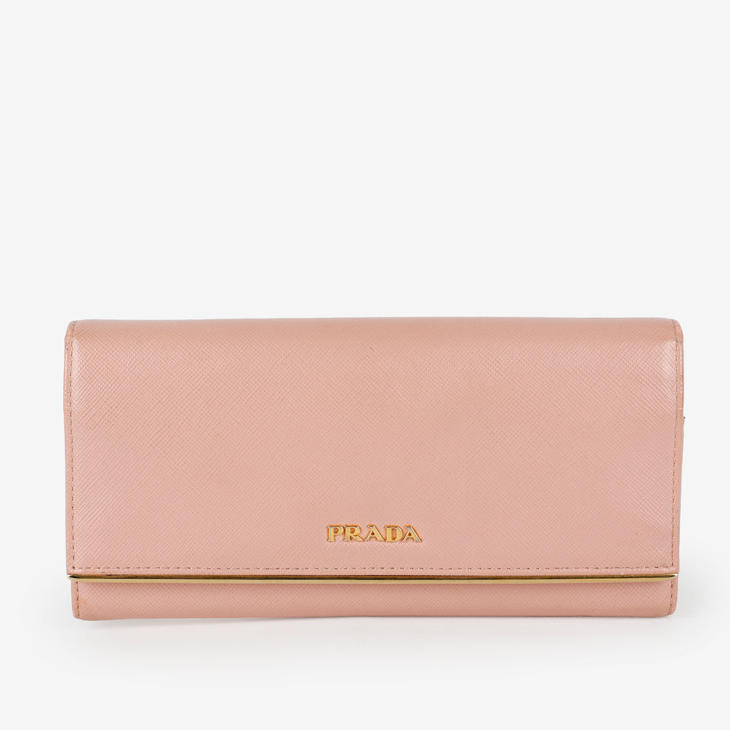 Metal Bar Continental Wallet, Pink Saffiano