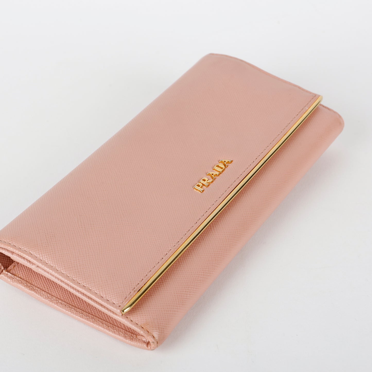 Metal Bar Continental Wallet, Pink Saffiano