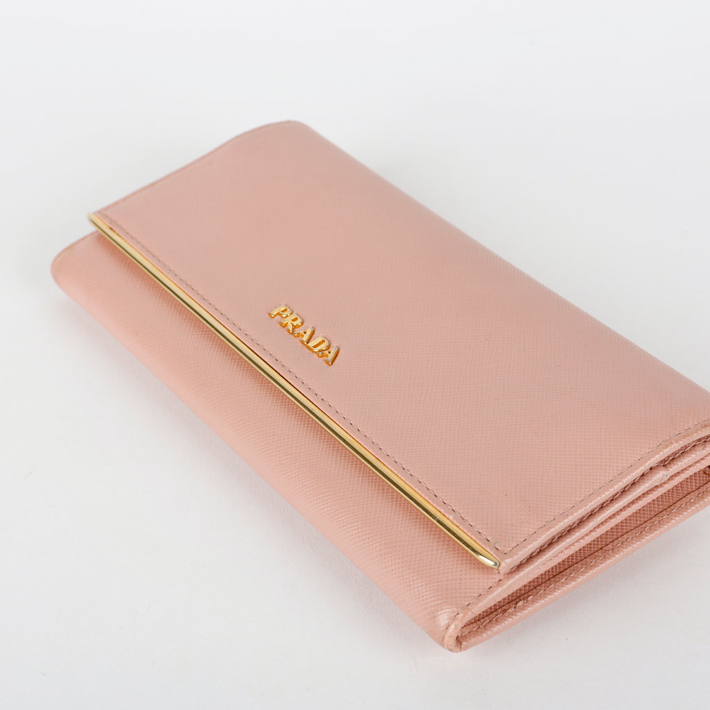 Metal Bar Continental Wallet, Pink Saffiano