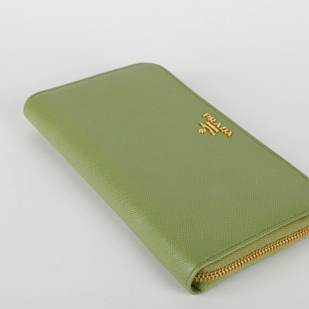 Zip Around Wallet, Green Saffiano